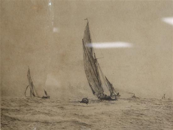 William Lionel Wyllie, drypoint etching, Yachts in a choppy sea 19 x 25cm.